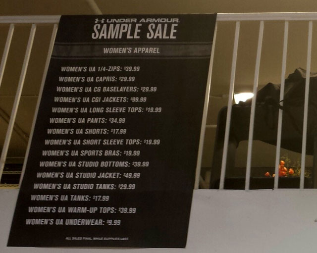 Under Armour Sample Sale apparel price list