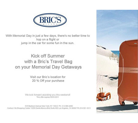 20% off your purchase at Bric's Thru 5/31