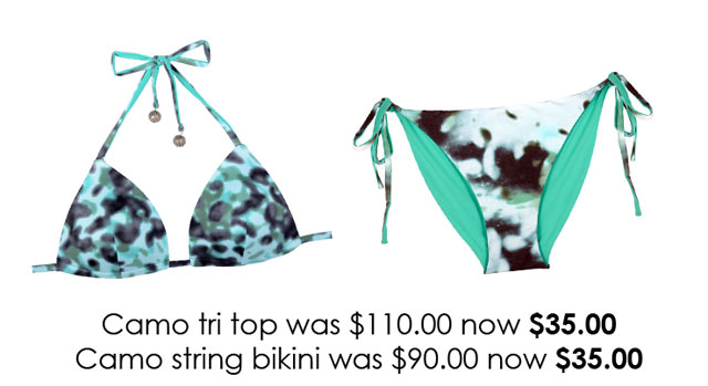Cosabella Camouflage ADJ Tri Pushup: $35 (orig. $110), Camouflage LR String Bikini $35 (orig. $90)