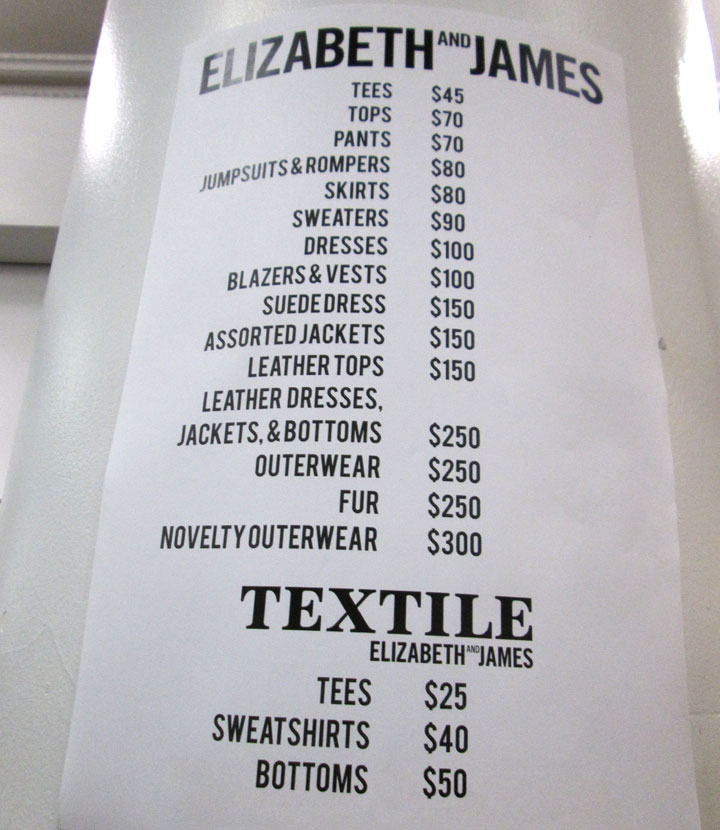 Elizabeth and James Sample Sale Price List