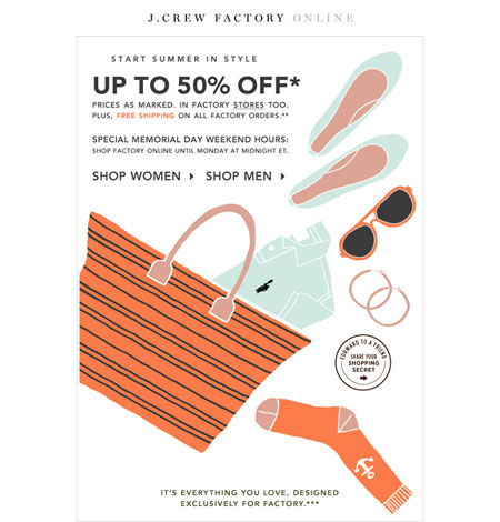 Up to 50% off + Free Shipping at J.Crew Factory 5/27 - 5/30