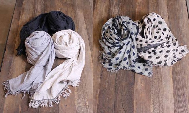Linen scarf (Only Navy color): $100 (orig. $250), Linen Dot print scarf (only Navy color): $100 (orig. $250)
