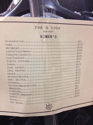Rag & Bone sample sale price list