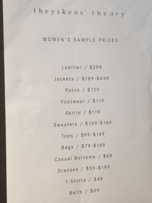 Theyskens' Theory Price List
