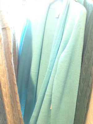 White + Warren Cashmere Trapeze Dusters ($100) in Light Turquoise and Peacock Heather Cable