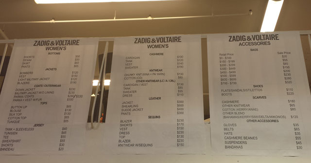 Zadig & Voltaire Sample Sale price list